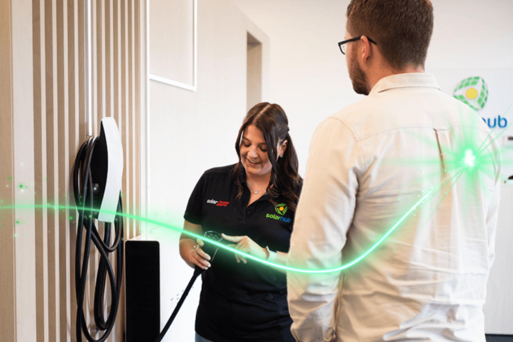 A woman outlining energy-efficient home solutions to a man