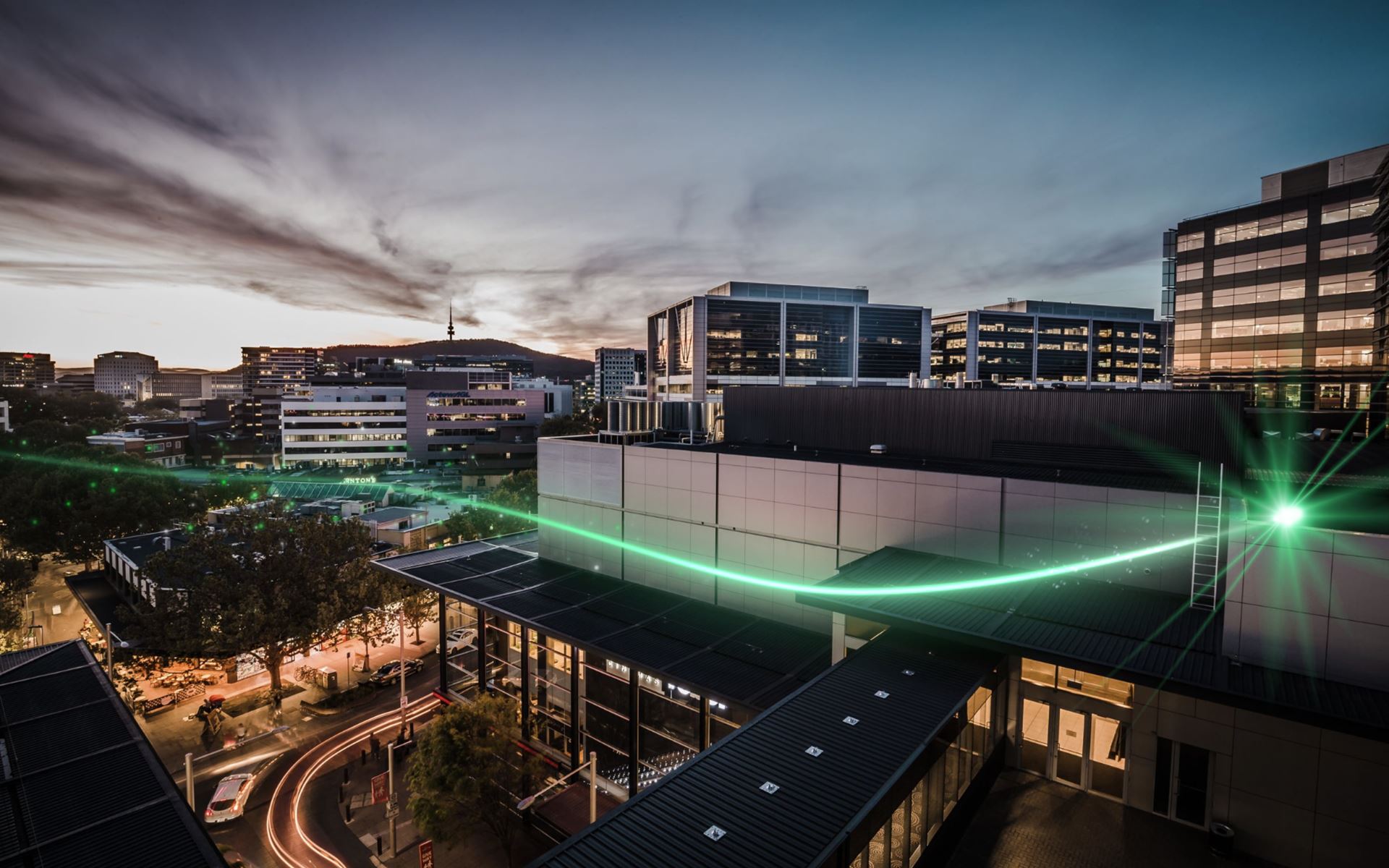 Canberra city with a green light over the streets