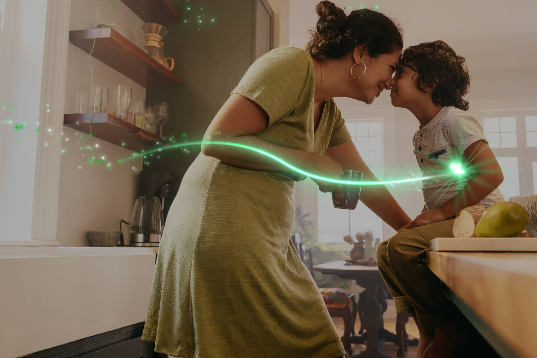 Happy mother and child playing in the living room