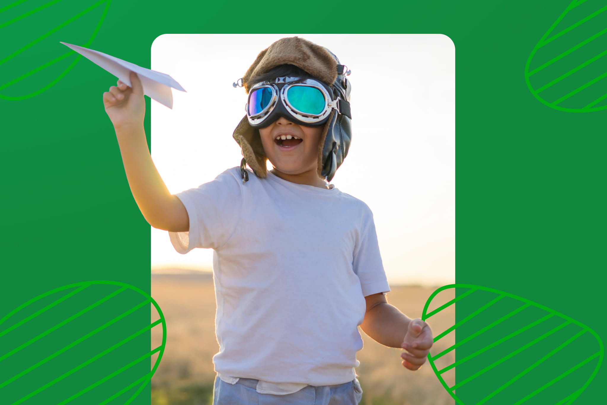 Child flying paper plane outside