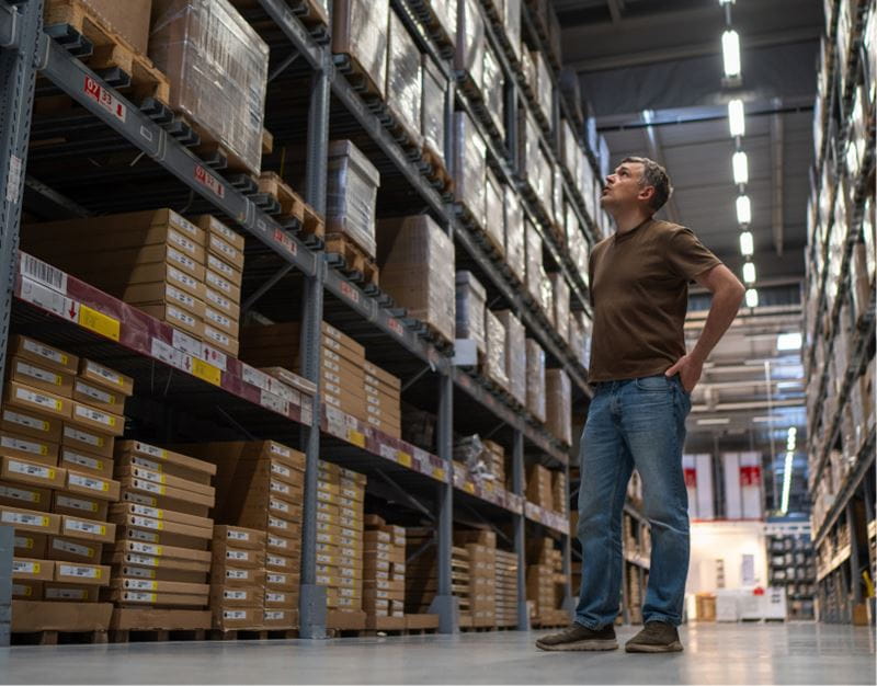 Business owner in warehouse looking at boxes