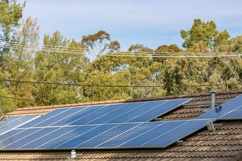 A roof with solar panels
