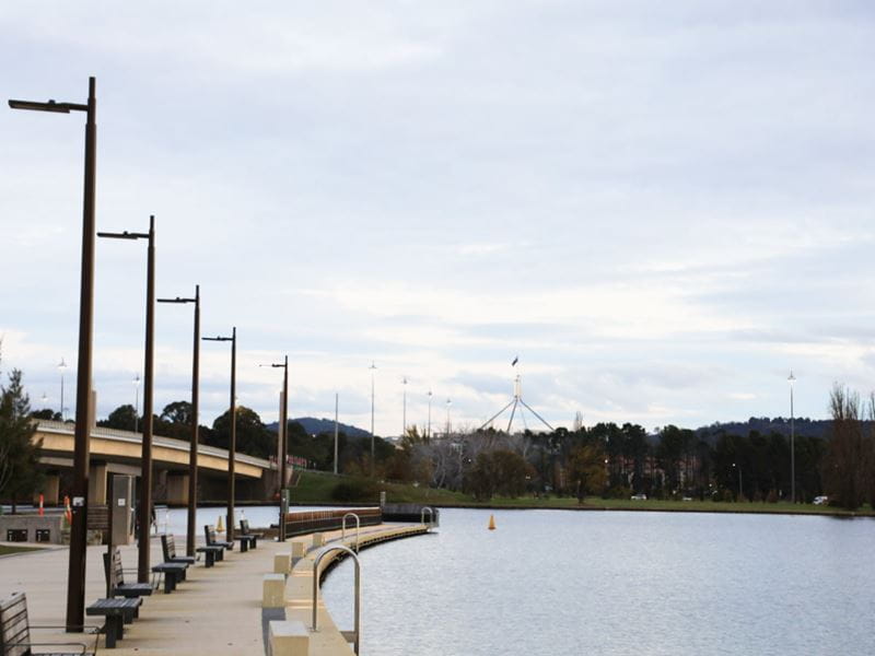 Benches and lamp post along the pier 
