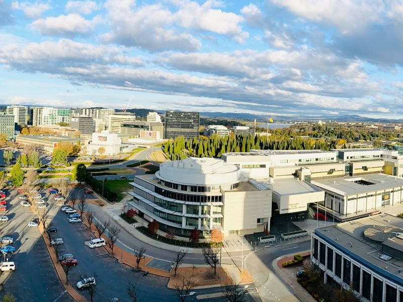 City with streets and business buildings
